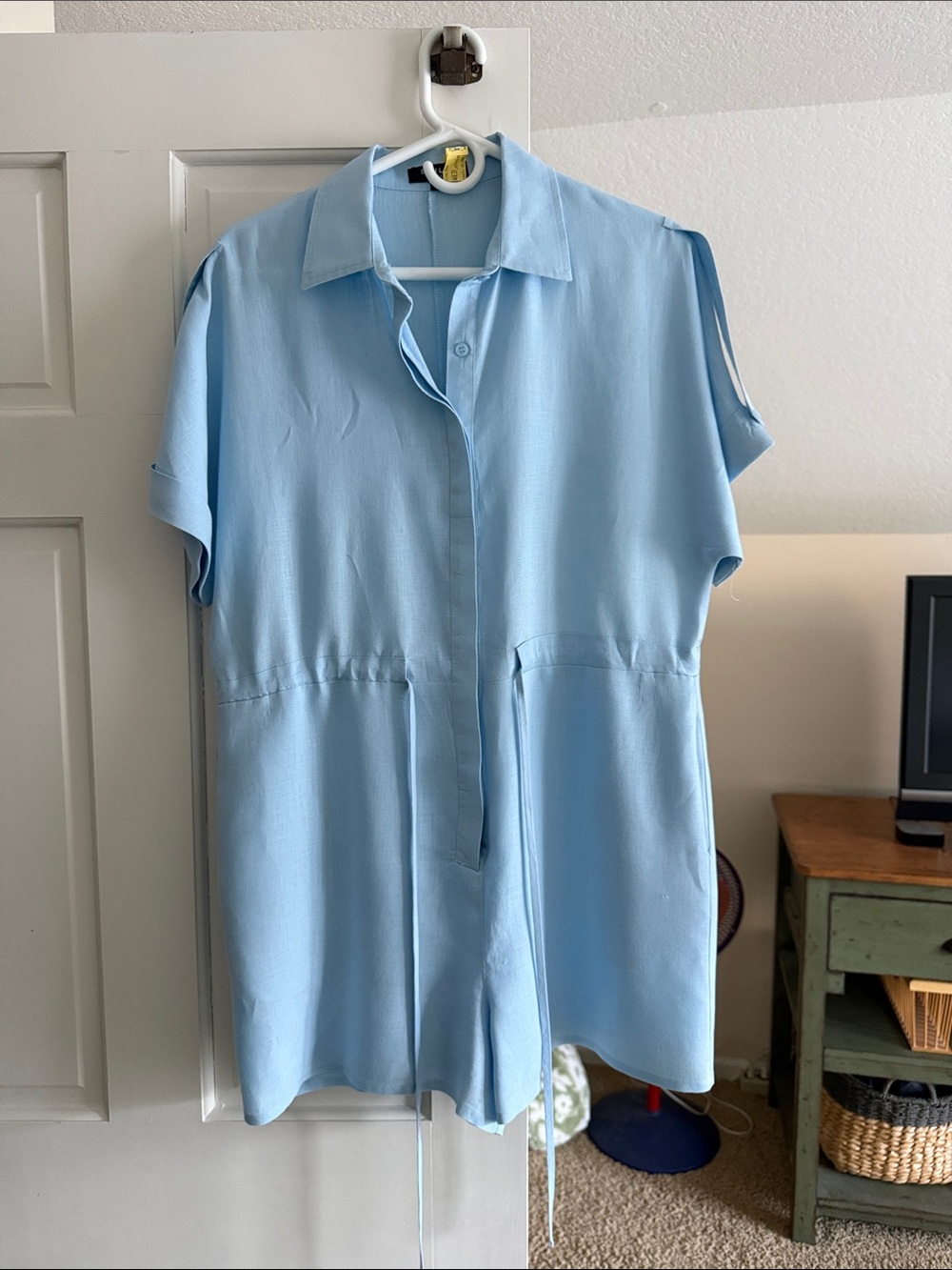 Beulah Sky Blue Short-Sleeve Button-Front Casual Romper Shirt